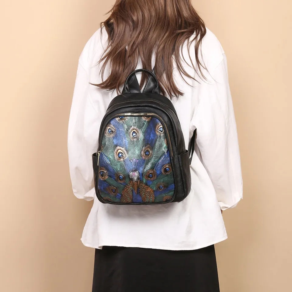 Peacock Feather Print PU Leather Backpack for Women – Large Capacity