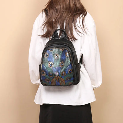 Peacock Feather Print PU Leather Backpack for Women – Large Capacity