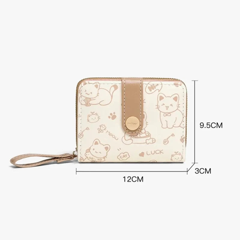 Cute Cat Print Short Wallet for Women – PU Leather Coin Purse