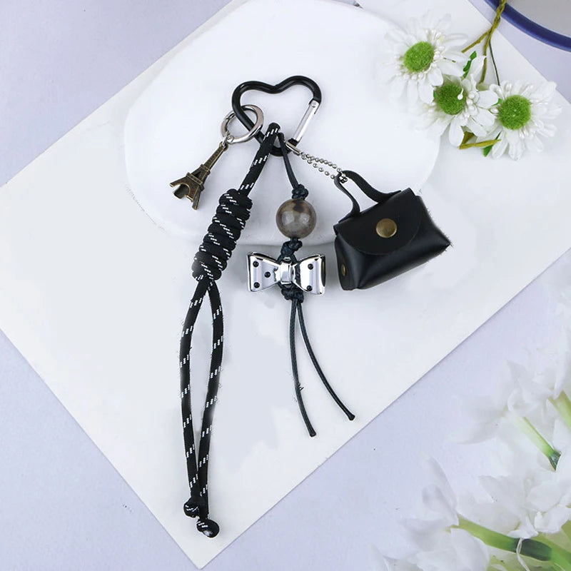 Braided Rope Bag Charm Keychain with Mini Bag & Charms