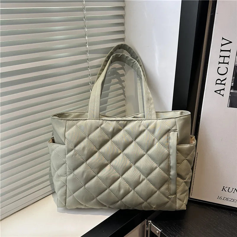 Cotton Shoulder Bag - Large Capacity Diamond Pattern Tote for Women