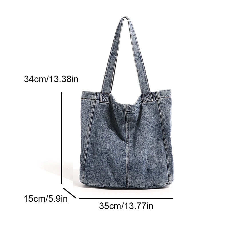 Washed Denim Tote Bag for Women – Large Vintage Shoulder Shopper Bag