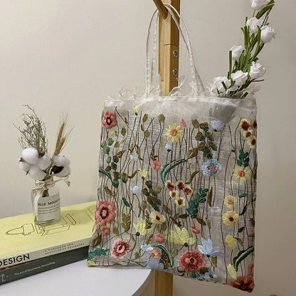 Floral Embroidery Mesh Tote Bag – Clear Shoulder Handbag