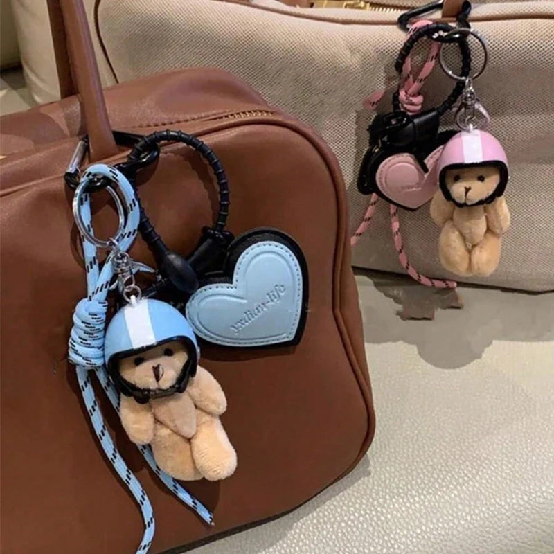 Bear Keychain – Cute Plush Helmet Bear Bag Charm with Heart
