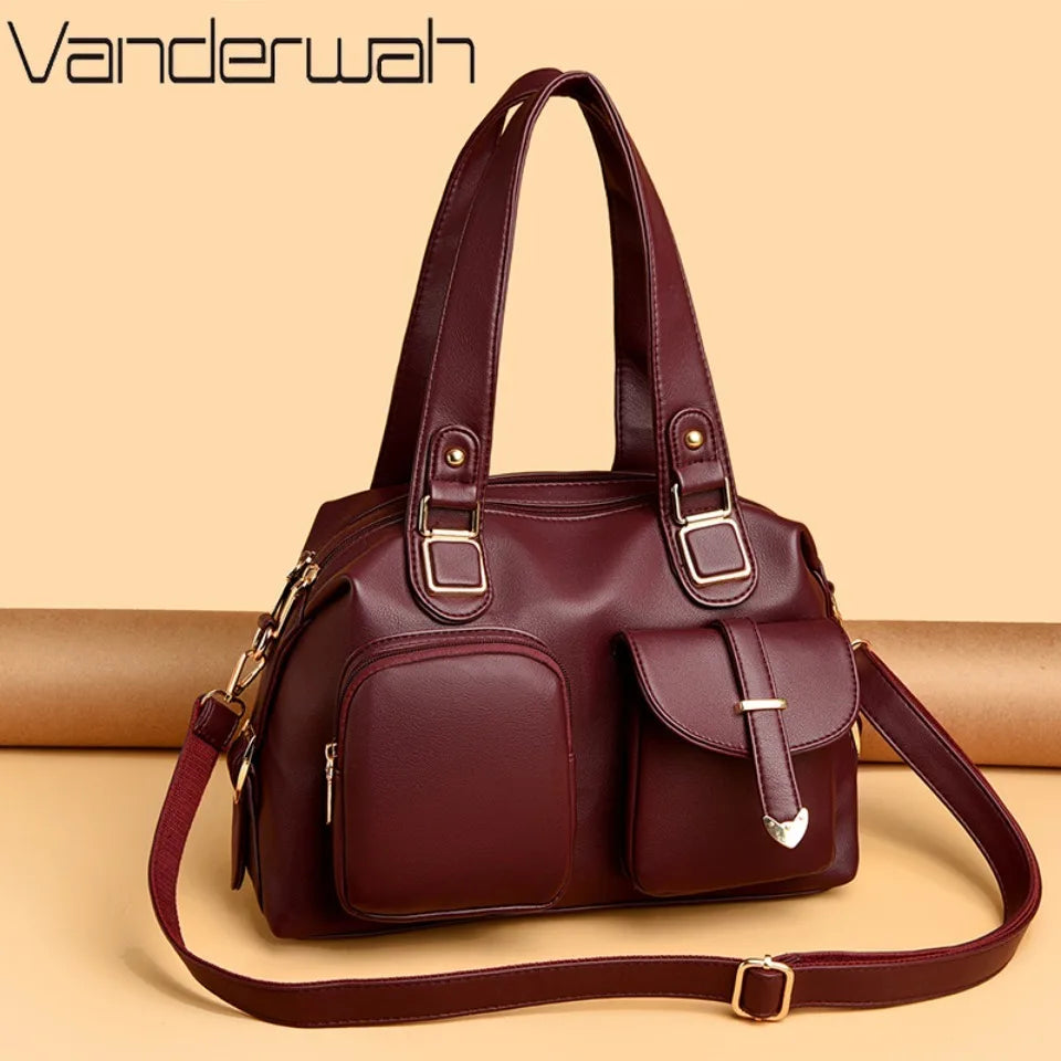 Leather Tote Handbag with Dual Front Pockets & Arrow Hardware