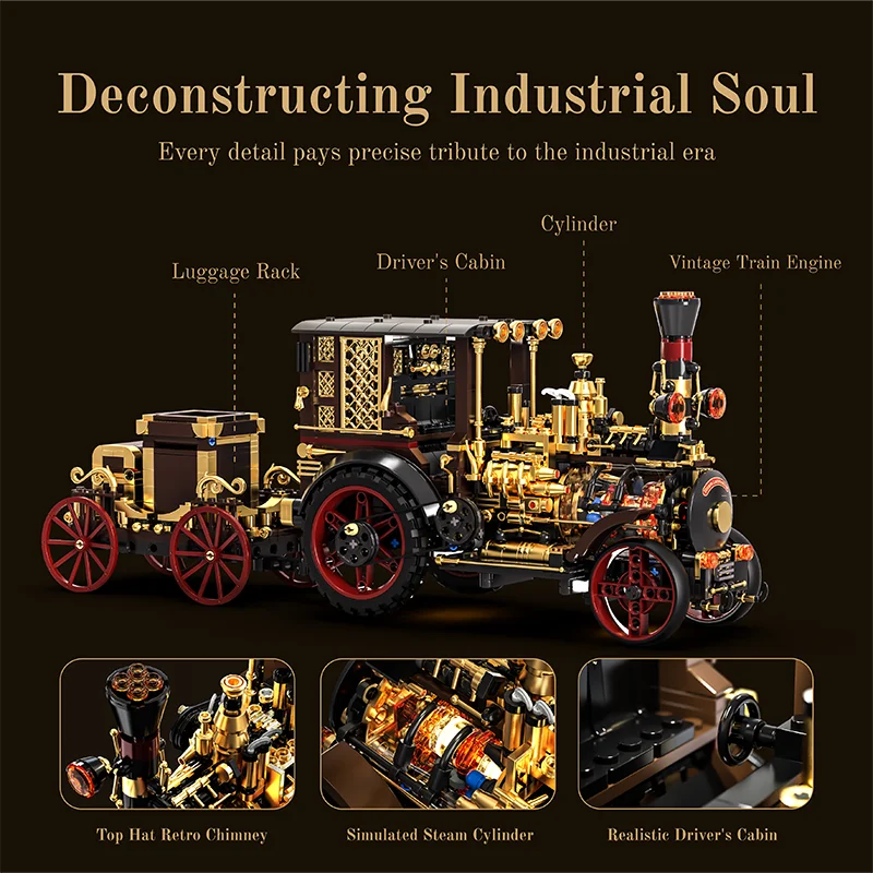 Steampunk Vintage Steam Car MOC Building Blocks Set – LED Model