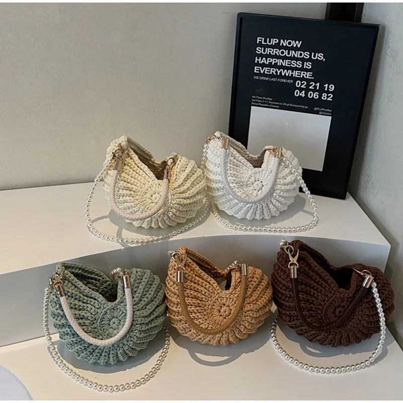 Crochet Conch Shoulder Bag with Pearl Chain – Handmade Woven Bag