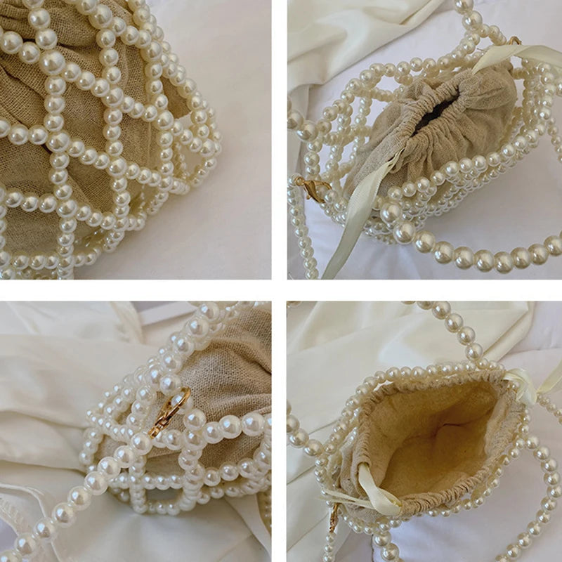 Pearl Beaded Bucket Bag – French Retro Woven Handbag