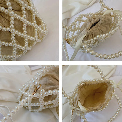 Pearl Beaded Bucket Bag – French Retro Woven Handbag
