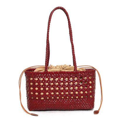 Handmade Woven Leather Tote Bag – Hollow Drawstring Shoulder Bag