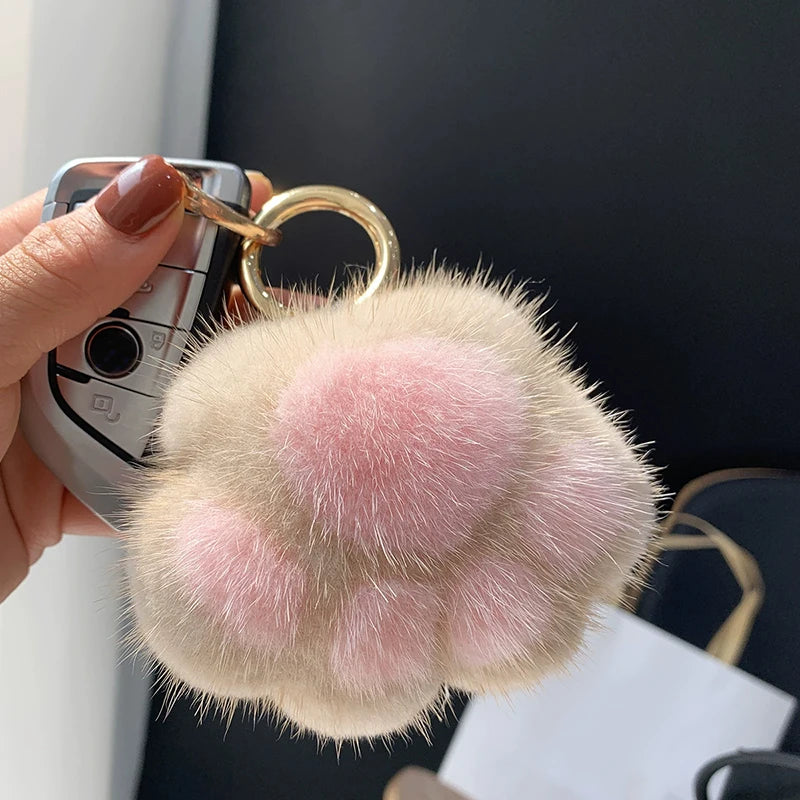 Fluffy Cat Paw Keychain – Cute Faux Fur Plush Key Ring