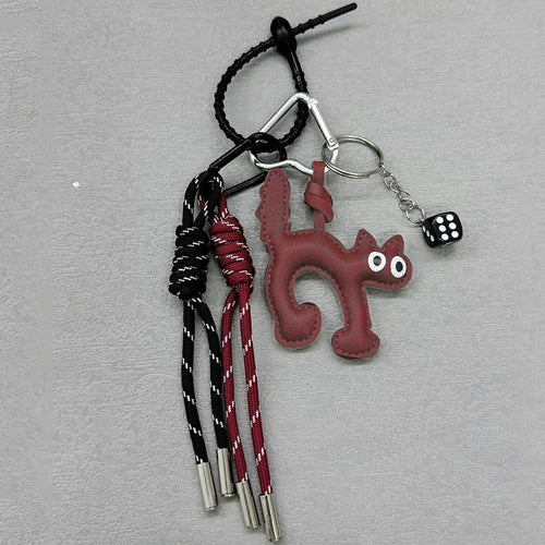 Cat Shape PU Leather Keychain Pendant with Rope Charm