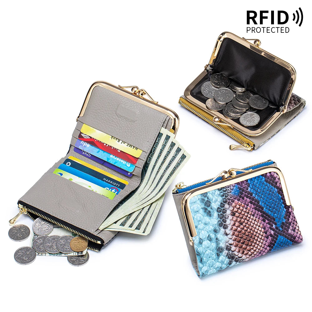 RFID Blocking Women's Genuine Leather Serpentine Clutch Wallet