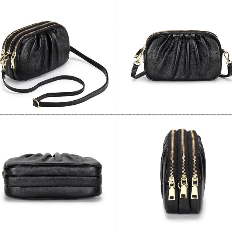 Genuine Leather Crossbody Bag – Multi-Zip Cowhide Shoulder Bag for Women