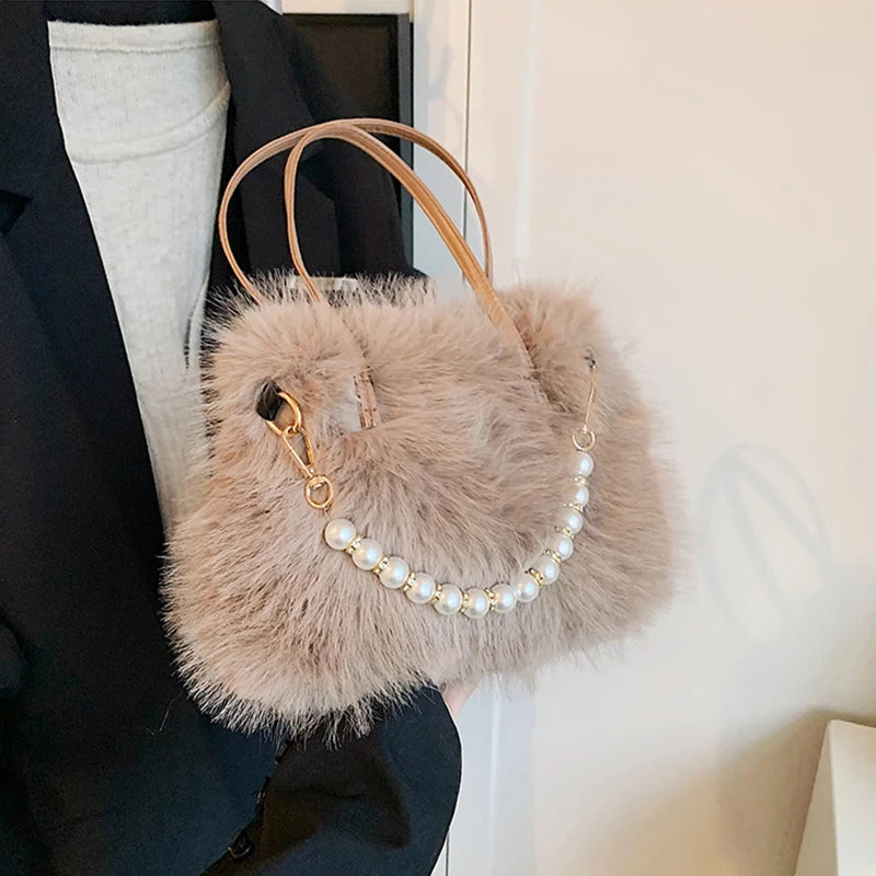 Faux Fur Shoulder Bag with Pearl Chain Handle