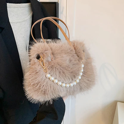 Faux Fur Shoulder Bag with Pearl Chain Handle