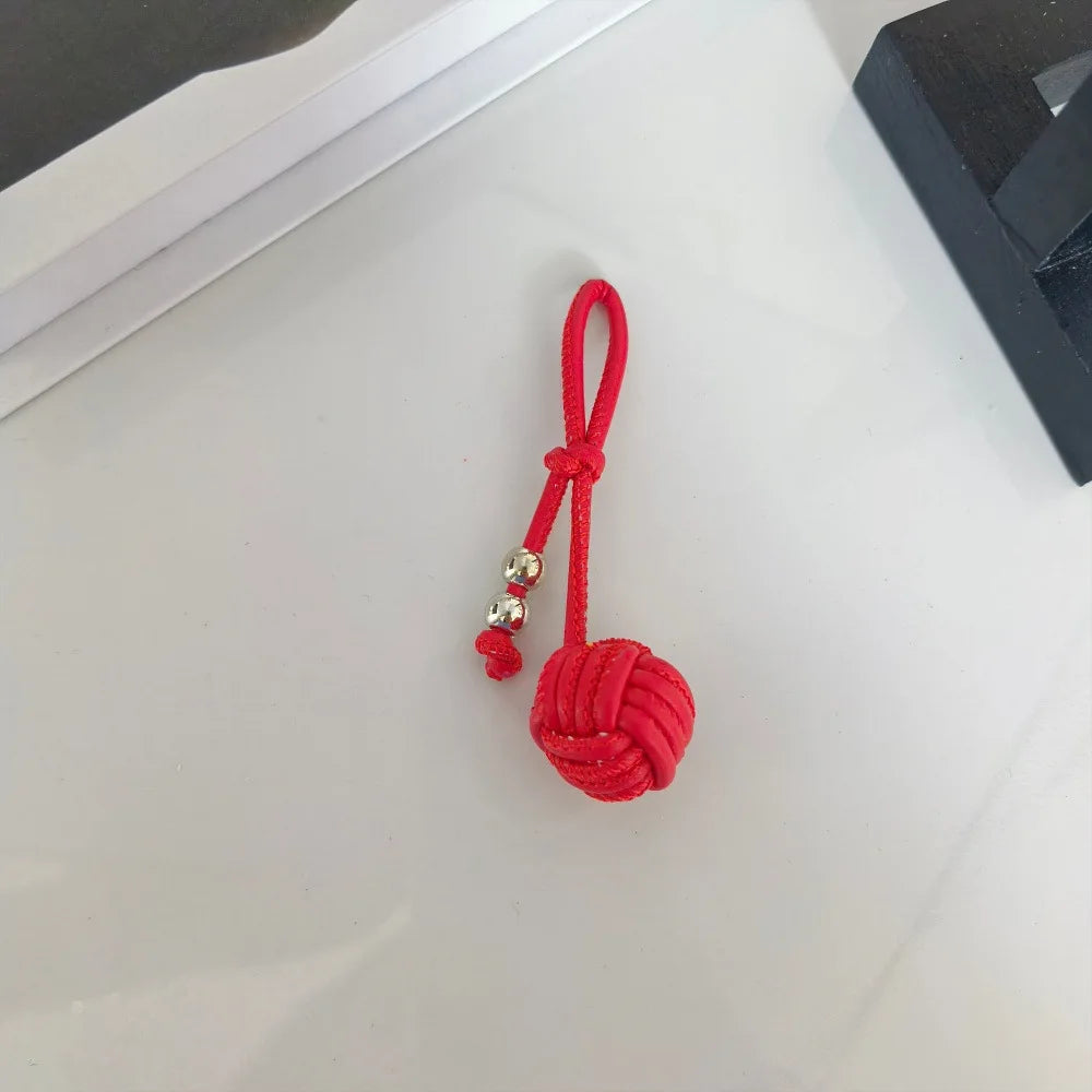Leather Knot Ball Keychain – Woven Bag Charm & Lanyard