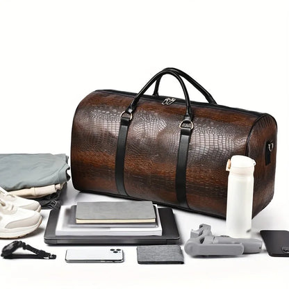 Crocodile-Textured Leather Duffle Bag – Large Capacity Travel & Gym Bag