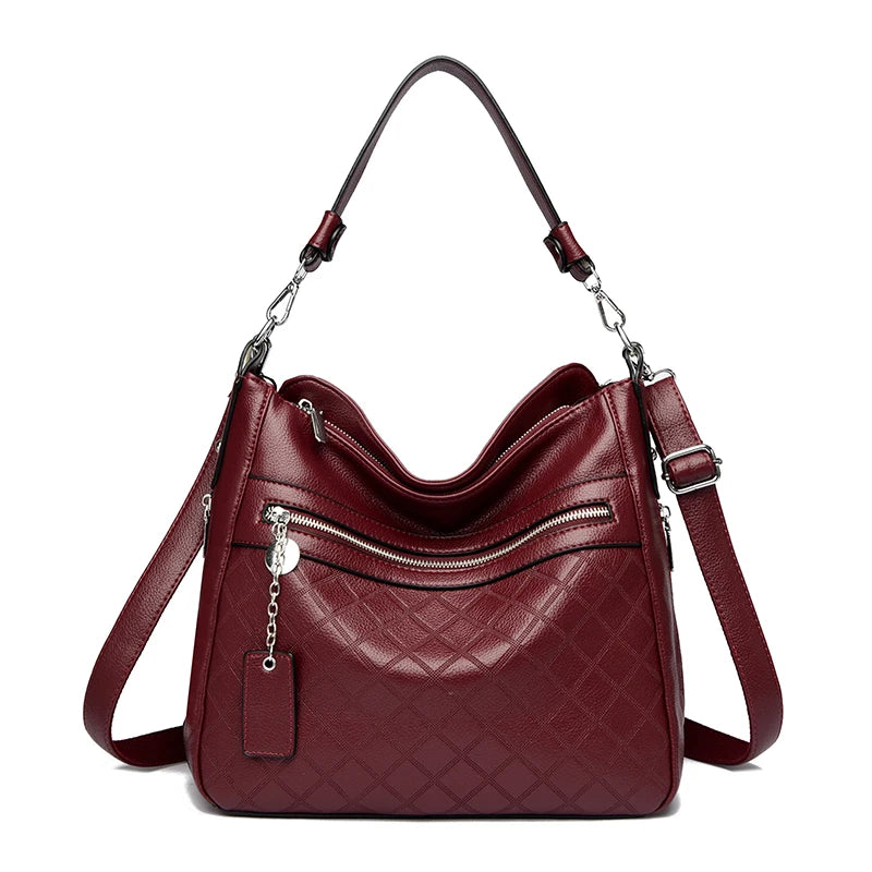 Large Leather Hobo Handbag with Quilted Detail & Shoulder Strap