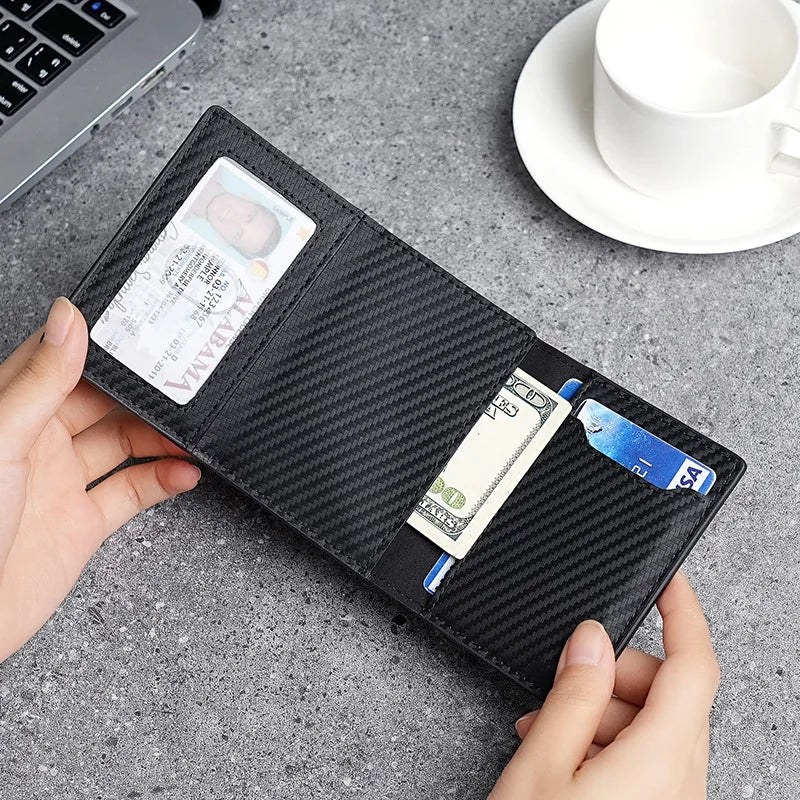 RFID Blocking Carbon Fiber Slim Wallet with AirTag Slot & Auto-Pop Card Holder