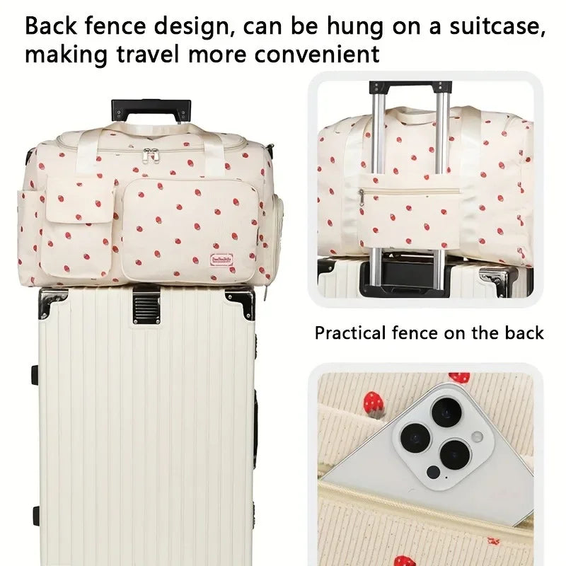 Strawberry Print Duffle Bag Large Capacity Multi-Pocket Travel Bag