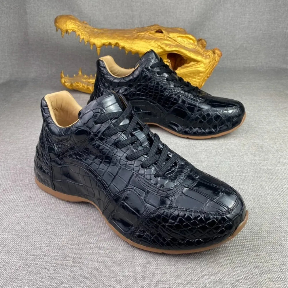 Crocodile Leather Men's Thick-Sole Sneakers – Genuine Lace-Up Casual Shoes