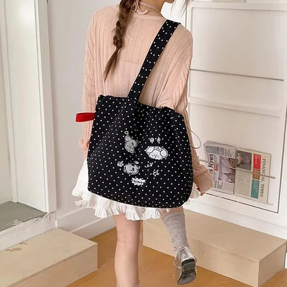 Cute Polka Dot Puppy Embroidery Shoulder Bag Cartoon Graffiti Nylon Tote Lightweight Large Capacity