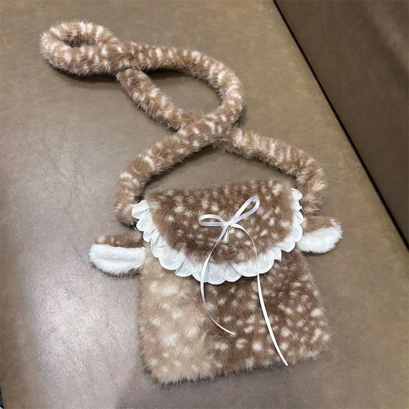 Faux Fur Deer Plush Crossbody Bag – Lolita Bow Design
