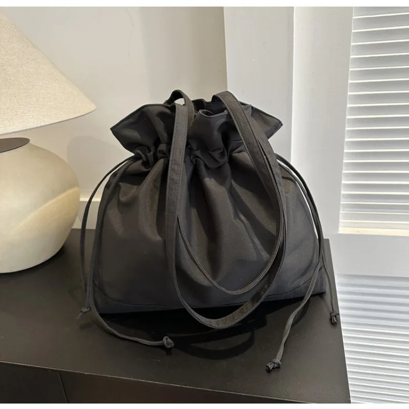 Large Nylon Bucket Bag Women's Casual Drawstring Shoulder Handbag