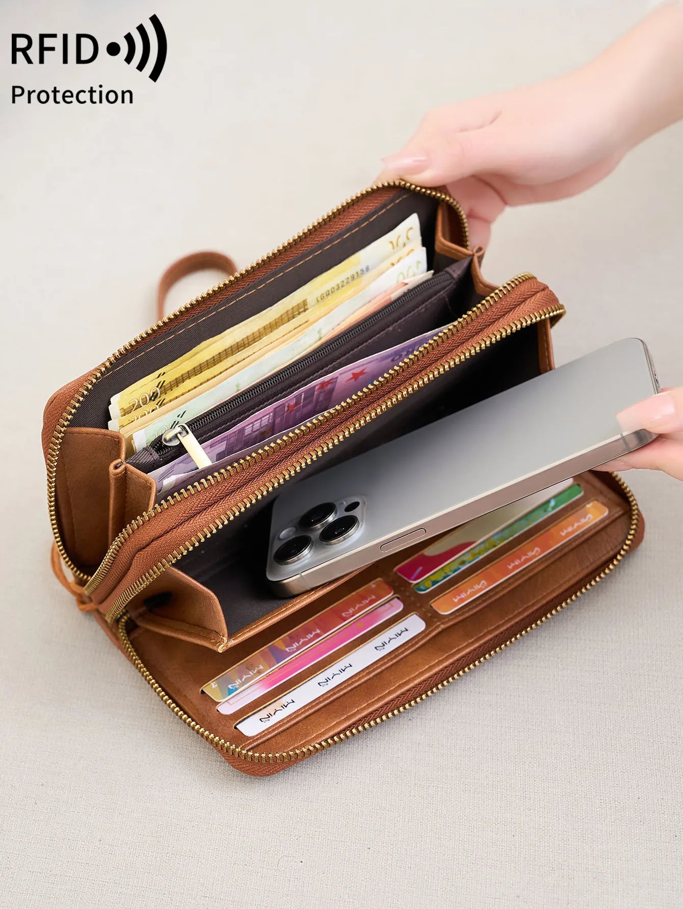 RFID Blocking Double-Zipper Wallet for Women – Vintage Large Capacity Card Holder