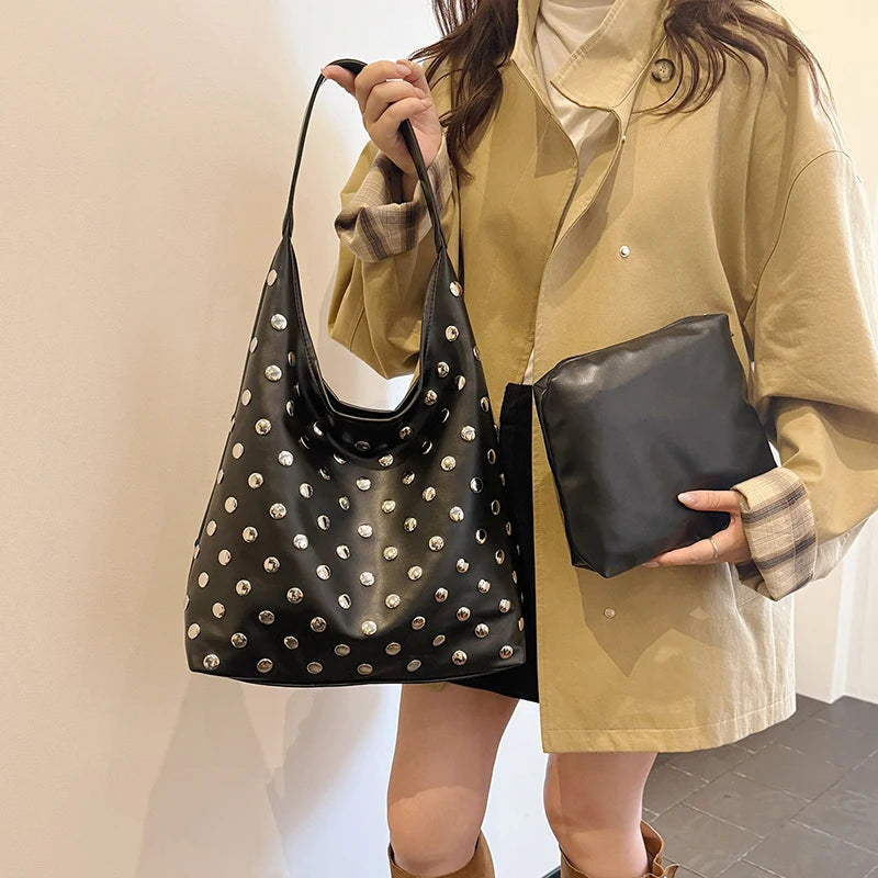 Moods Slouchy Studded Tote Bag Set Women Biker Style Rivets Decor 2-In-1 Large Capacity Underarm