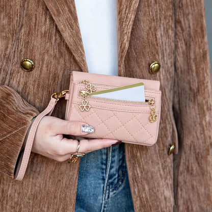 Women's Quilted PU Leather Bi-Fold Wallet with Wristlet & Zipper