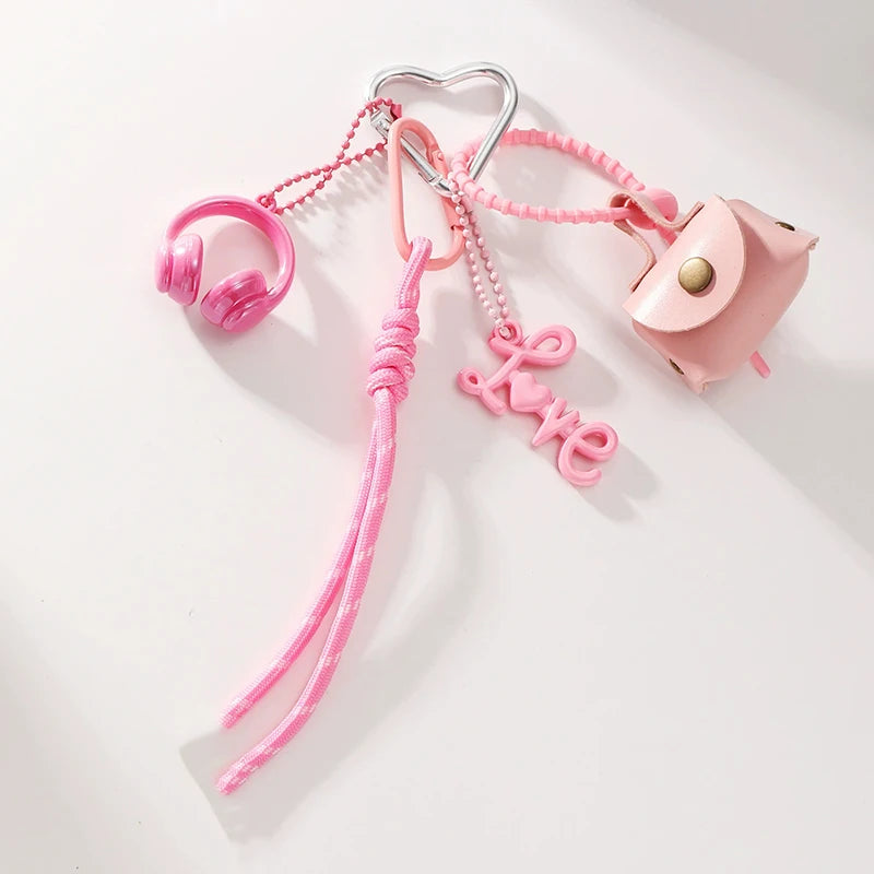 Cute Charm Keychain Set – Heart Clasp, Tassel & Pendant