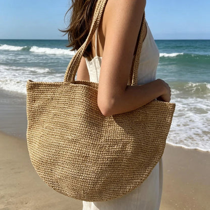 Raffia Crochet Tote Bag – Bohemian Woven Beach Shoulder Bag