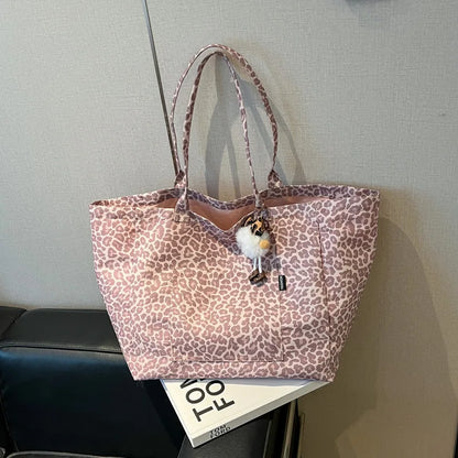 Leopard Print Canvas Tote Bag – Large Capacity Shoulder Handbag for Women