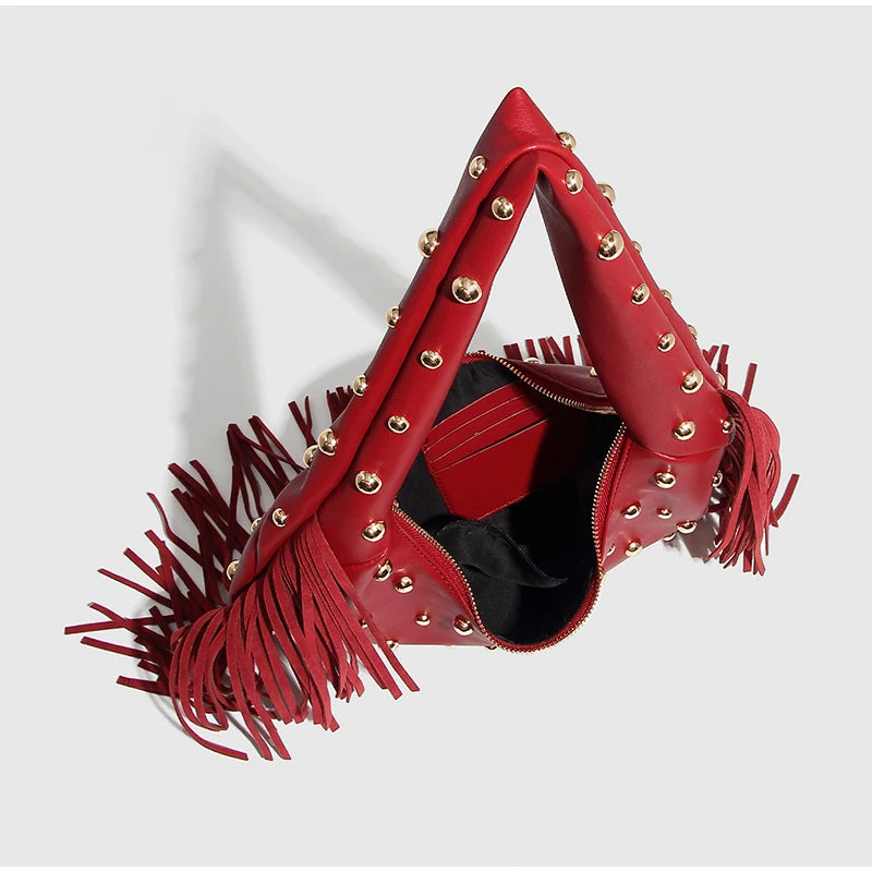 Fringe & Rivet Leather Shoulder Bag – Boho Crossbody Hobo