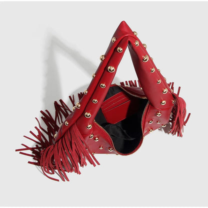 Fringe & Rivet Leather Shoulder Bag – Boho Crossbody Hobo