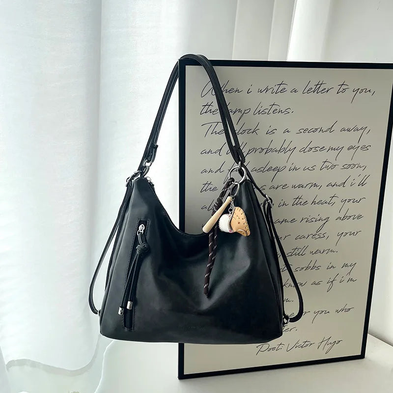 Women's Leather Shoulder Bag – Crossbody Tote with Pendant