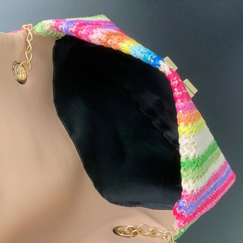 Rainbow Stripe Straw Crossbody Bag for Women – Chain Flap Handbag