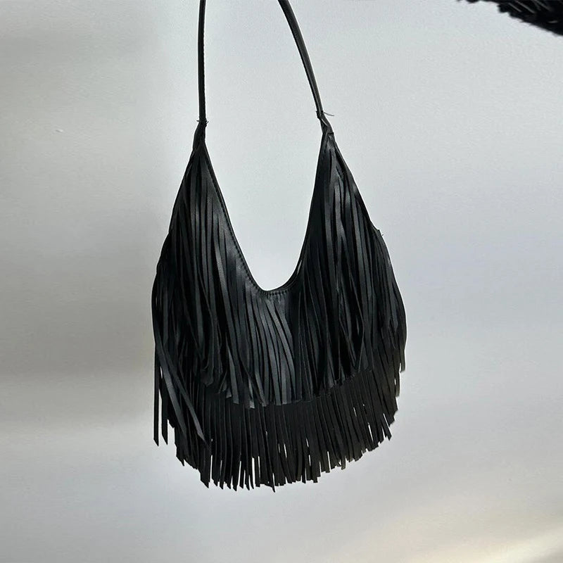 Boho Fringe Leather Hobo Shoulder Bag for Women
