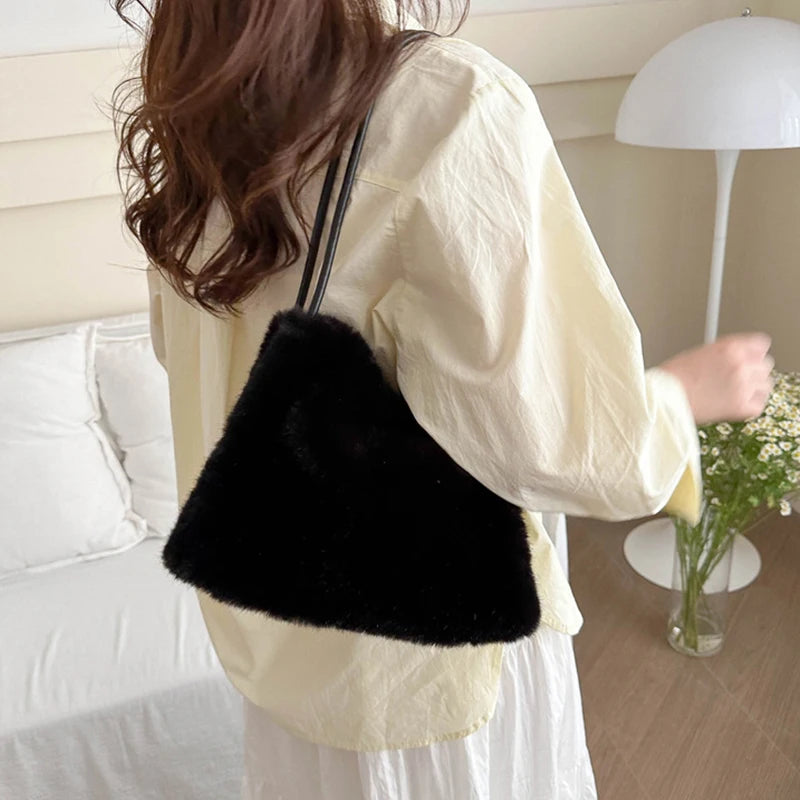 Fluffy Plush Shoulder Tote Bag – Soft Faux Fur Top-Handle Handbag