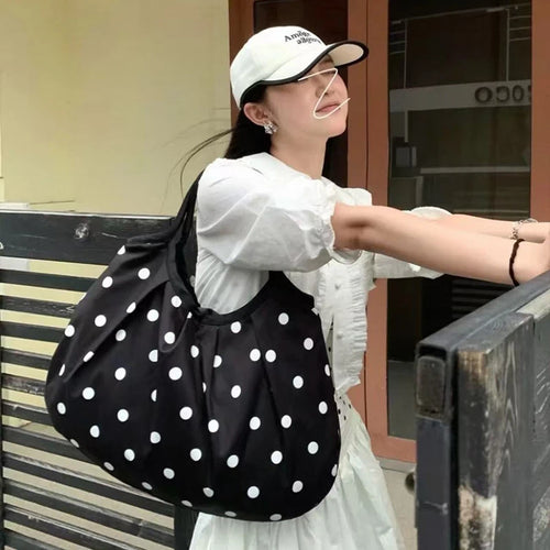 Minimalist Polka Dot Canvas Tote Bag Large Capacity Curved Underarm Shoulder Women Soft Lightweight