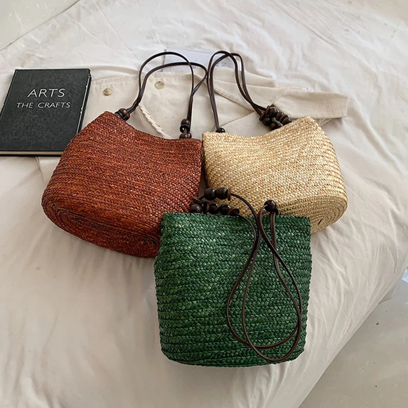 Straw Woven Shoulder Bag for Women – Handmade Boho Tote