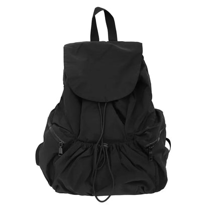 Pleated Drawstring Nylon Backpack – Large Capacity School Bag for Women