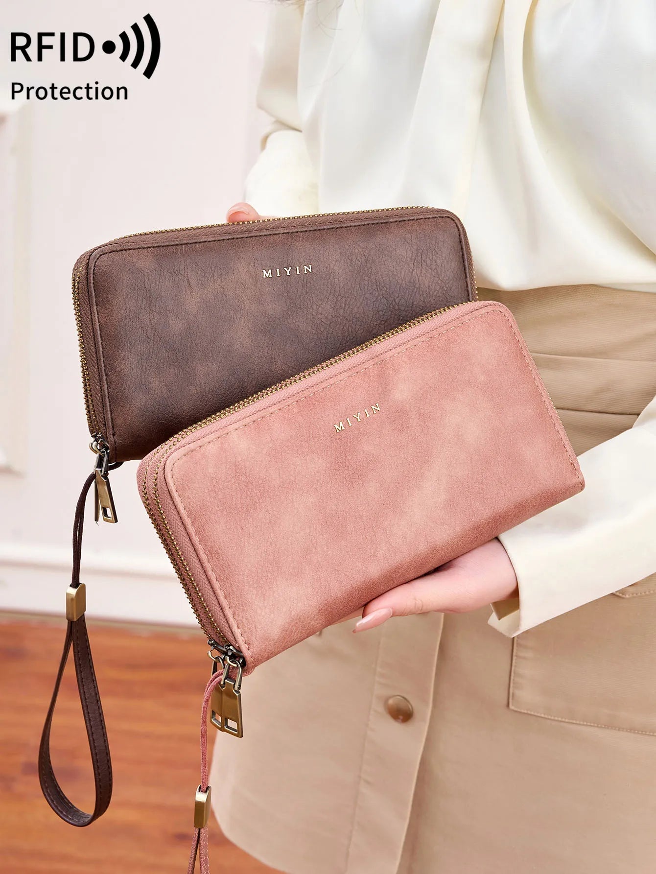 RFID Blocking Double-Zipper Wallet for Women – Vintage Large Capacity Card Holder