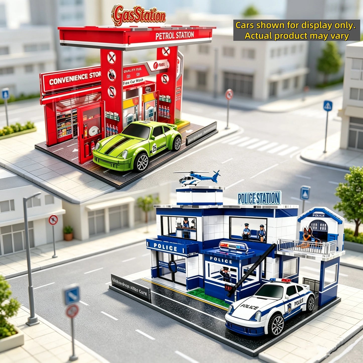1:64 Gas Station Diorama Set with 2 Alloy Die-Cast Cars