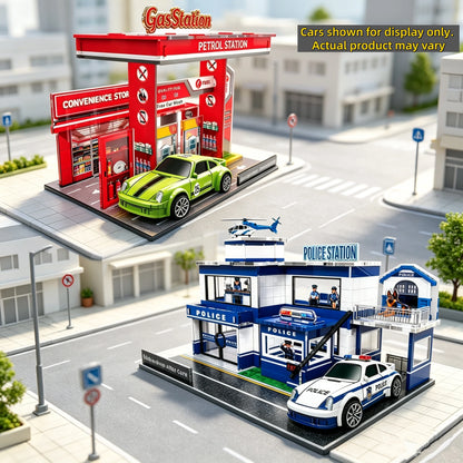 1:64 Gas Station Diorama Set with 2 Alloy Die-Cast Cars