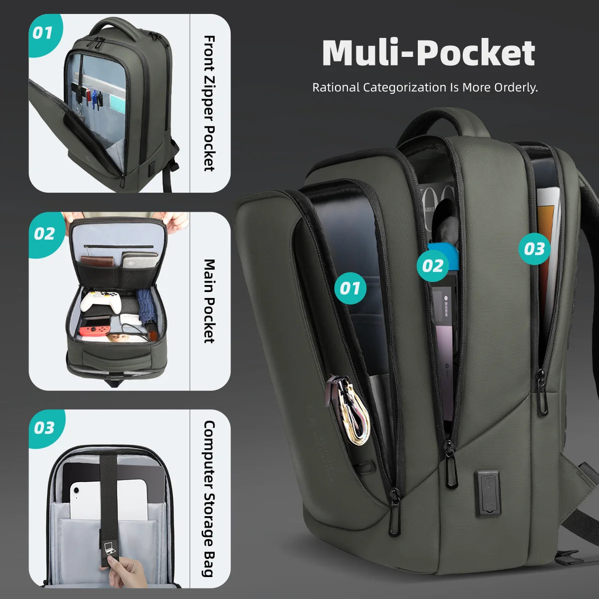 Laptop Backpack for Men, Waterproof Travel Bag with USB Charging Port