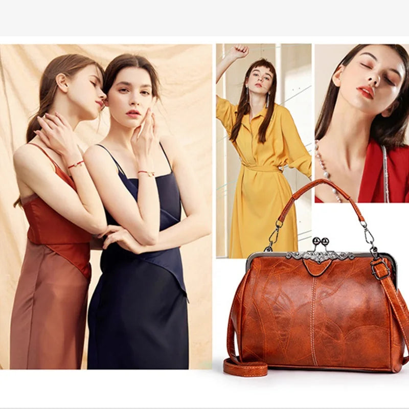 Luxury Leather Kiss-Lock Crossbody Handbag for Women