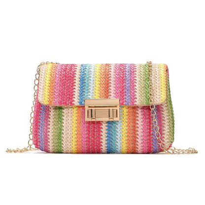 Rainbow Stripe Straw Crossbody Bag for Women – Chain Flap Handbag
